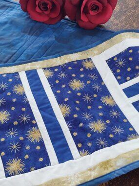 Vintage Handmade Quilted Holiday Table Runner Reversible Snowflake Star